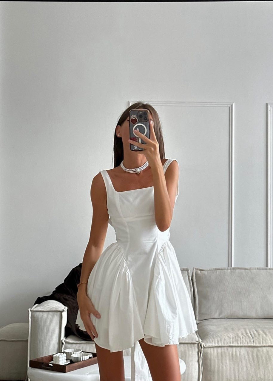 White Ribbon-Back Mini Dress