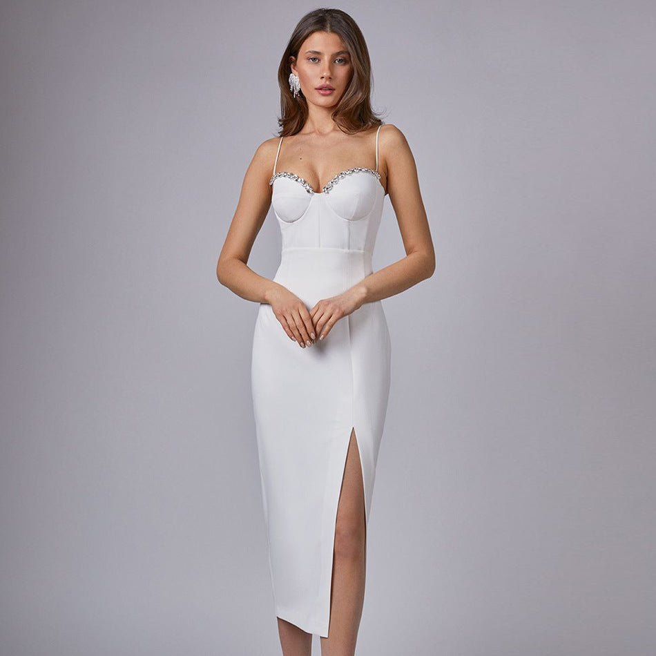 Rhinestone Trim Sweetheart Spaghetti Strap Corset High Slit Midi Dress