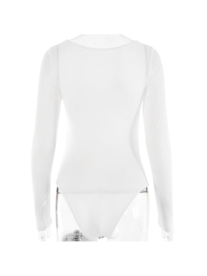 V Neck Long Sleeve Hollow Out Cutout Cropped Bodysuit
