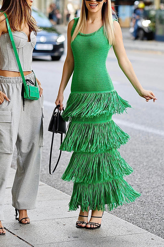 Solid Color Sleeveless Slim Fit Fringed Hem Knitted Midi Dress