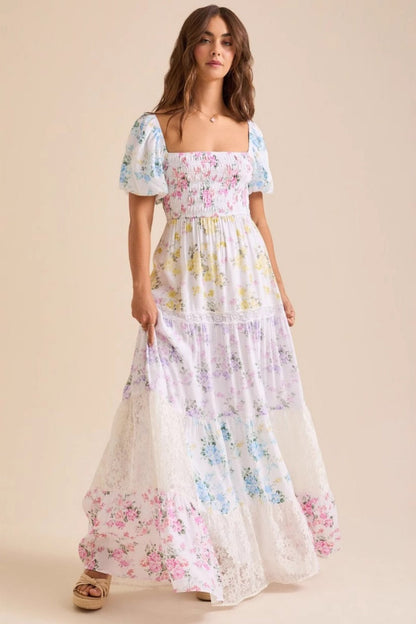 Elegant Floral Print Short Sleeve A-Line Midi Dress