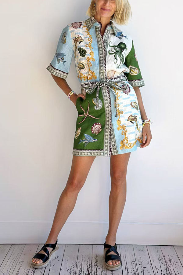 Deep Sea Dreaming Linen Blend Unique Print Tie-up Pocketed Shirt Mini Dress
