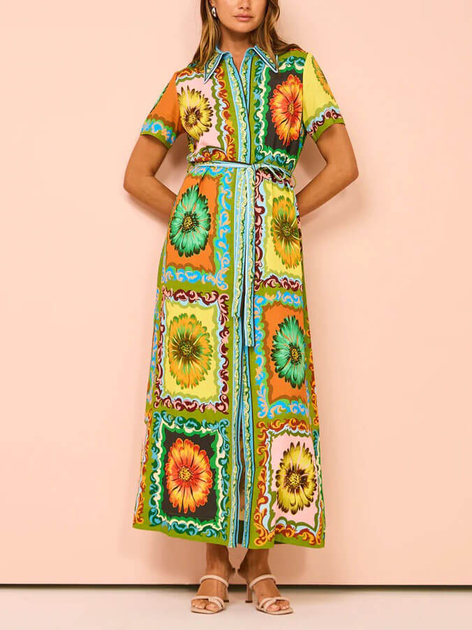 Sunflower Print Collared Button Front Tie Belt Midi Shirt Dress