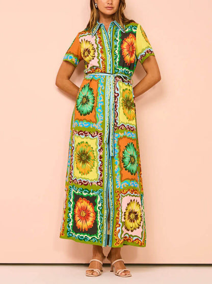 Sunflower Print Collared Button Front Tie Belt Midi Shirt Dress