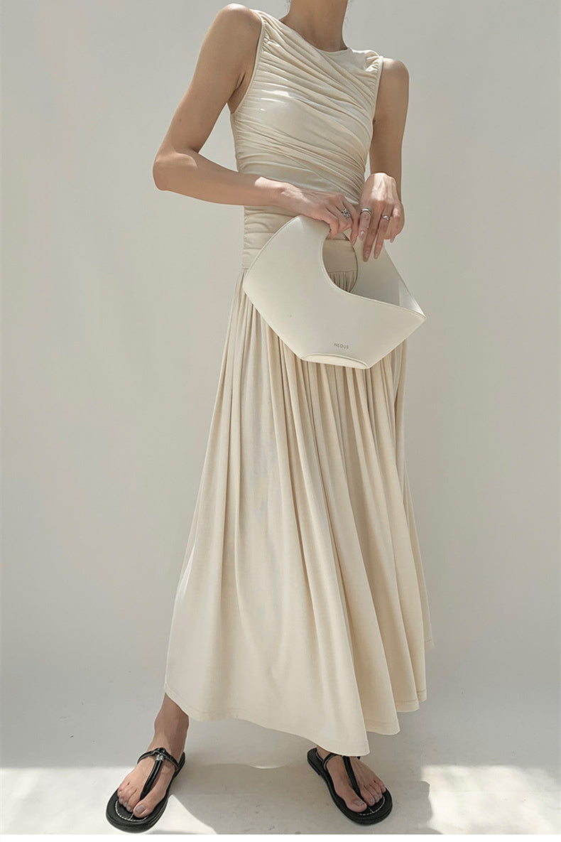 Quintina Round Neck Pleated Maxi Cotton Dress