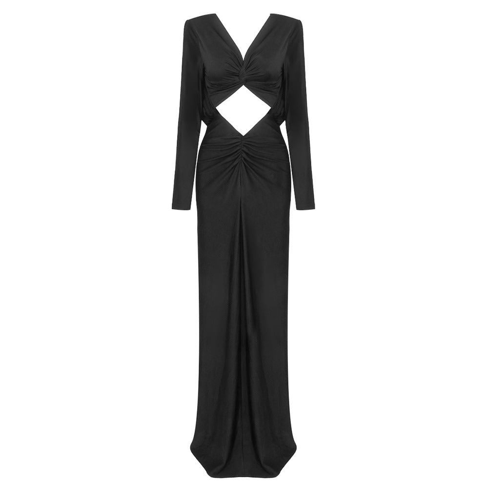 Diamond Cutout Twist Front Knotted Waist Draped Sleeve Maxi Dress