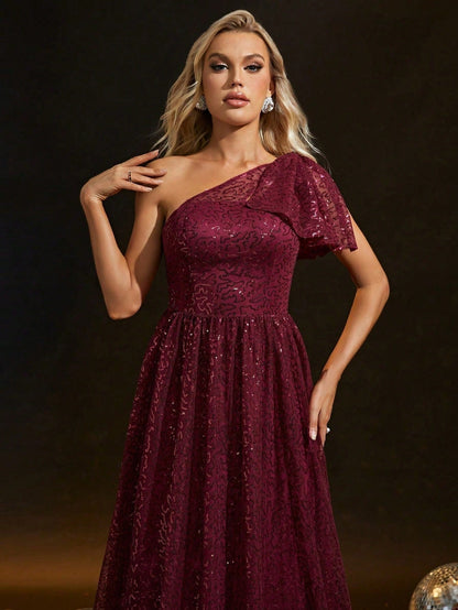 One-Shoulder Ruffle Bow Sequin Lace Maxi Gown