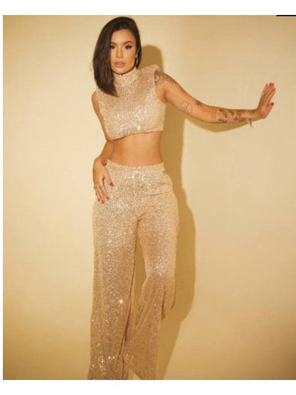 Sequins Sleeveless O Neck Short Top & Casual Trousers Coord Set