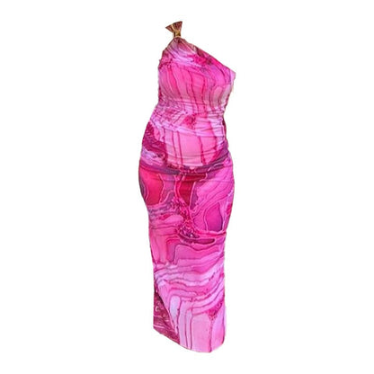 One shoulder print ruched maxi dress