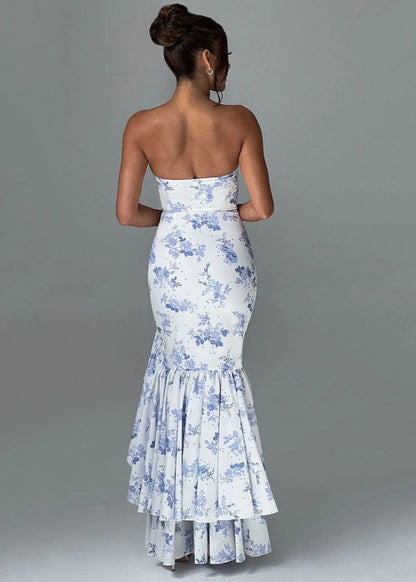 Floral Elegance - Strapless Ruffled Maxi Dress