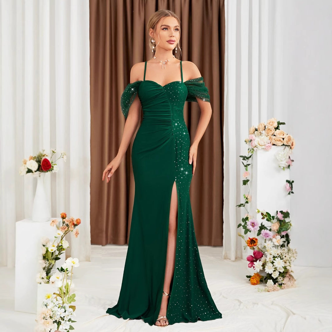 Off-Shoulder Sweetheart Ruched Mesh Insert High Slit Mermaid Gown