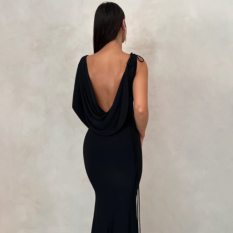 One Shoulder Cowl Neck Asymmetrical Long Sleeve Maxi Dress