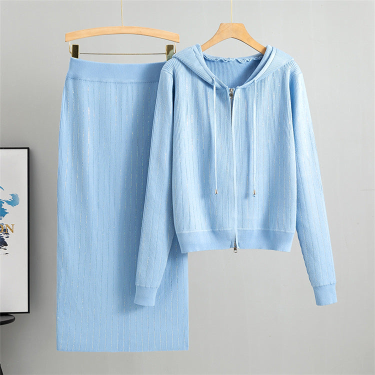 Blue - Knitted Cardigan & Sweater Two Piece Set