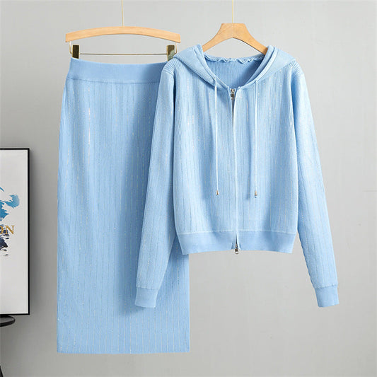 Blue - Knitted Cardigan & Sweater Two Piece Set