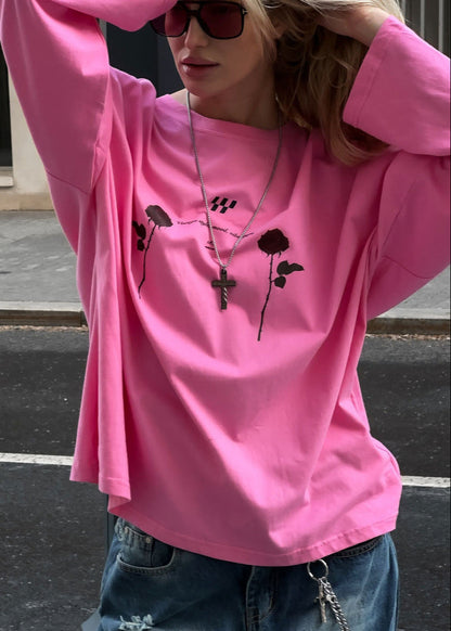 Oversized Long-Sleeve Graphic Tee with Rose Print