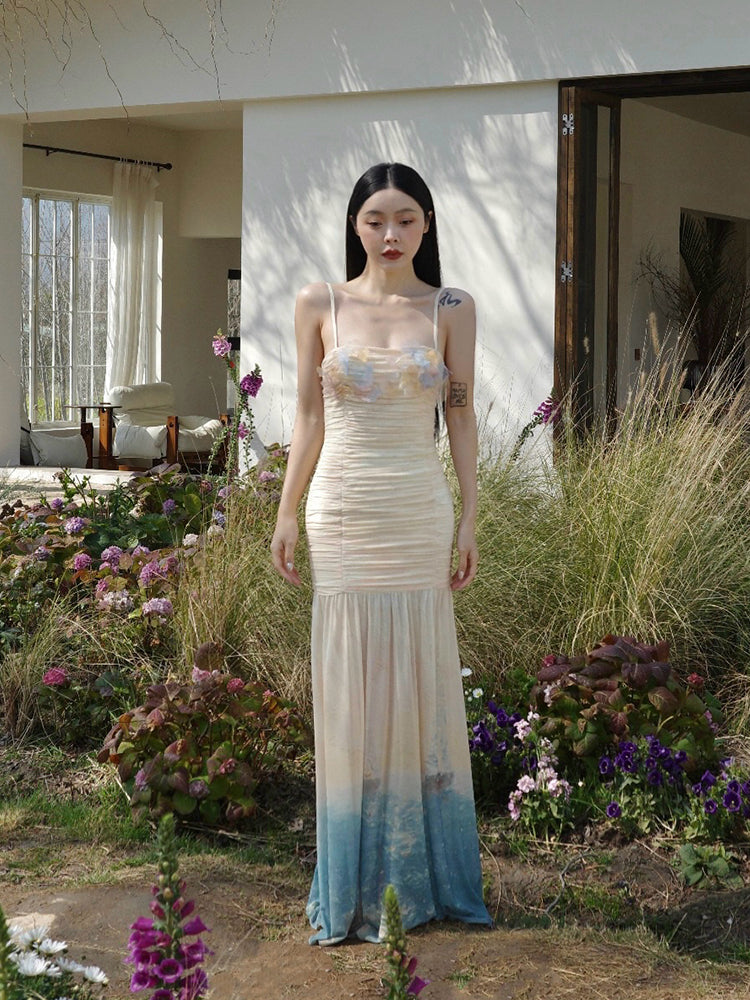 Miyama Bloom Hand-Embroidered Gradient Ruched Dress Artistic Floral Gown