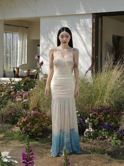 Miyama Bloom Hand-Embroidered Gradient Ruched Dress Artistic Floral Gown