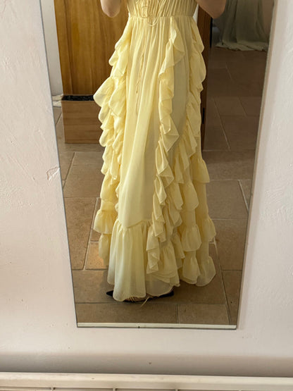 Sunset Ruffle Asymmetrical Maxi Dress Romantic Flowy Vacation Look gunne sax vintage dress