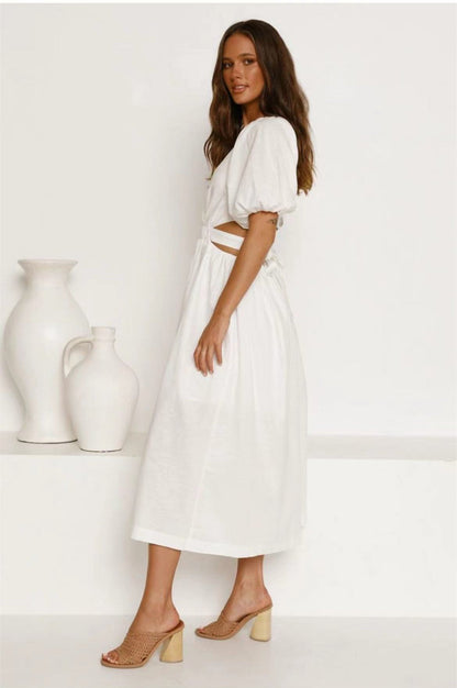 Deep V-Neck Puff Sleeve Side Cut Out Smocked Waist A-Line Midi Dress