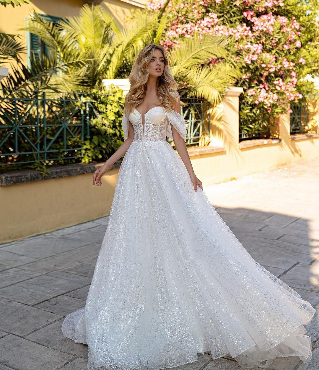 Off-Shoulder Deep V Sparkle Wedding Dress