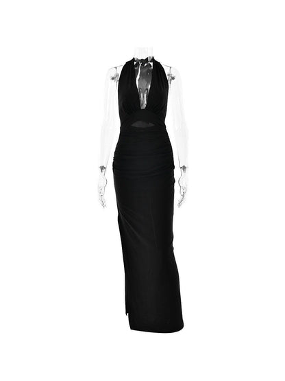 V Halter Neck Backless Split Dress