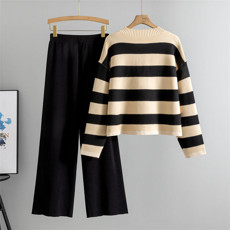 Black - Loose Striped Sweater Two Piece Set