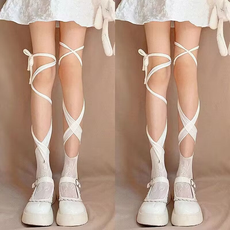 Self tie irregular lace thigh high socks