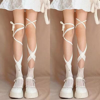 Self tie irregular lace thigh high socks