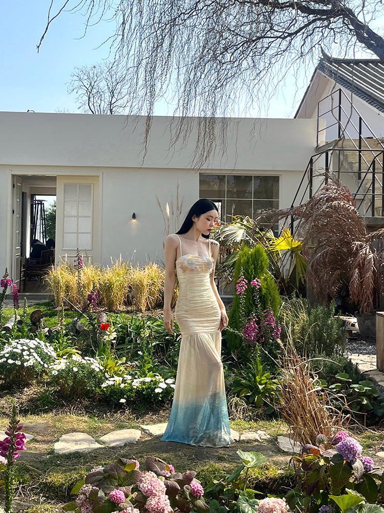 Miyama Bloom Hand-Embroidered Gradient Ruched Dress Artistic Floral Gown