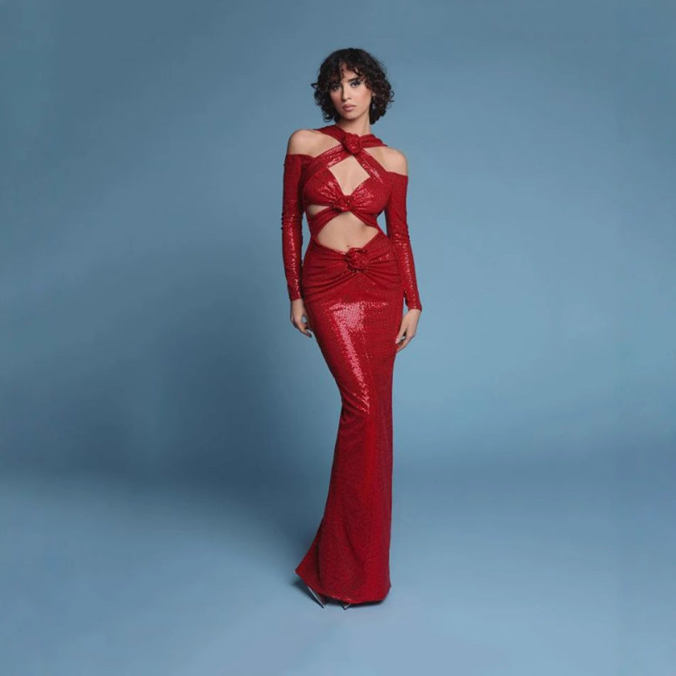 Floral Cutout Backless Sequin Prom Dress