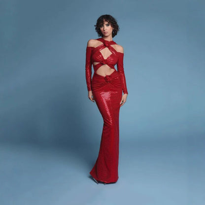 Floral Cutout Backless Sequin Prom Dress