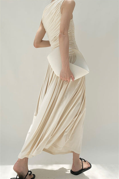 Quintina Round Neck Pleated Maxi Cotton Dress