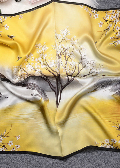 Aurielle Scenic Floral Silk Scarf – Yellow Square 70×70cm