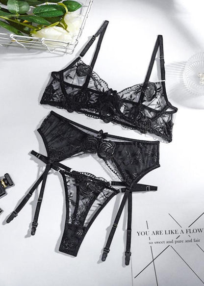 Midnight Rose Lace Lingerie Set with Garter Belt