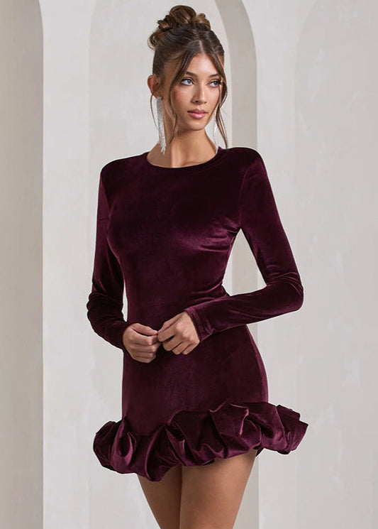 Velvet Ruffle Hem Long Sleeve Mini Dress