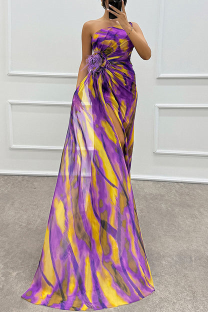 Fairy Watercolor Design Printed Feather Rose Details Off Shoulder Sexy Folded Open Skirt