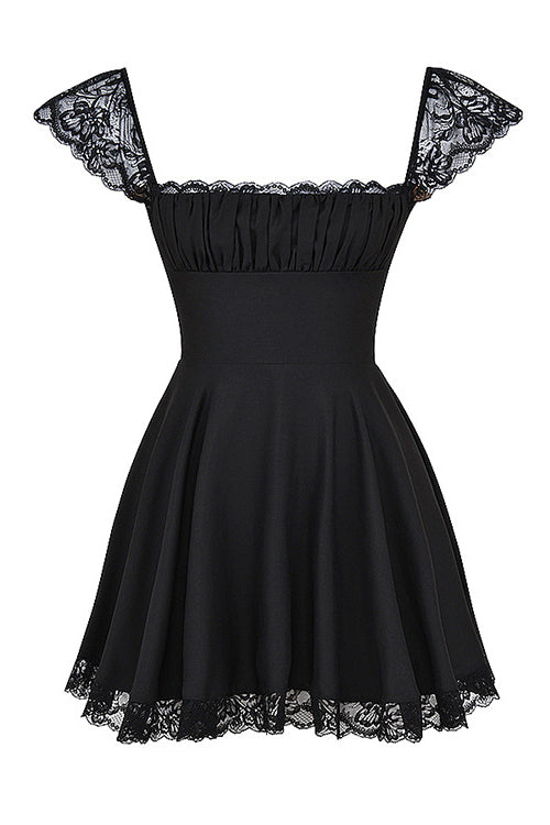 Square Neck Ruched Bust Lace Cap Sleeve High Waist Lace Hem Fit and Flare Mini Dress