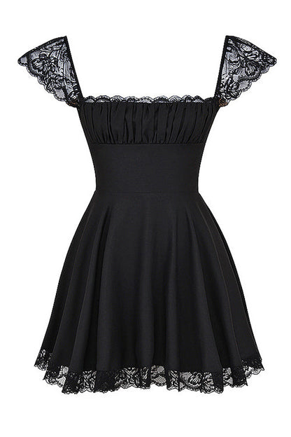 Square Neck Ruched Bust Lace Cap Sleeve High Waist Lace Hem Fit and Flare Mini Dress