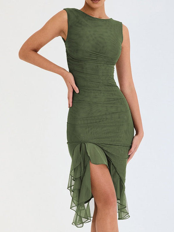 Round Neck Sleeveless Backless Pleated Midi Dress