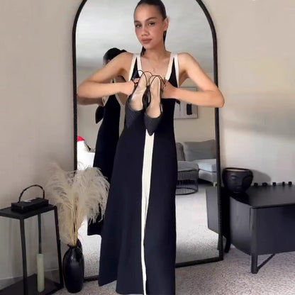 Contrast Trim Deep V Tank Strap Knit Maxi Dress