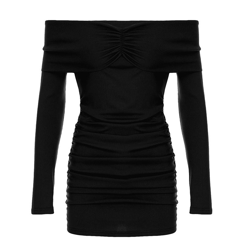 Off-Shoulder Ruched Gathered Bodice Long Sleeve Bodycon Mini Dress