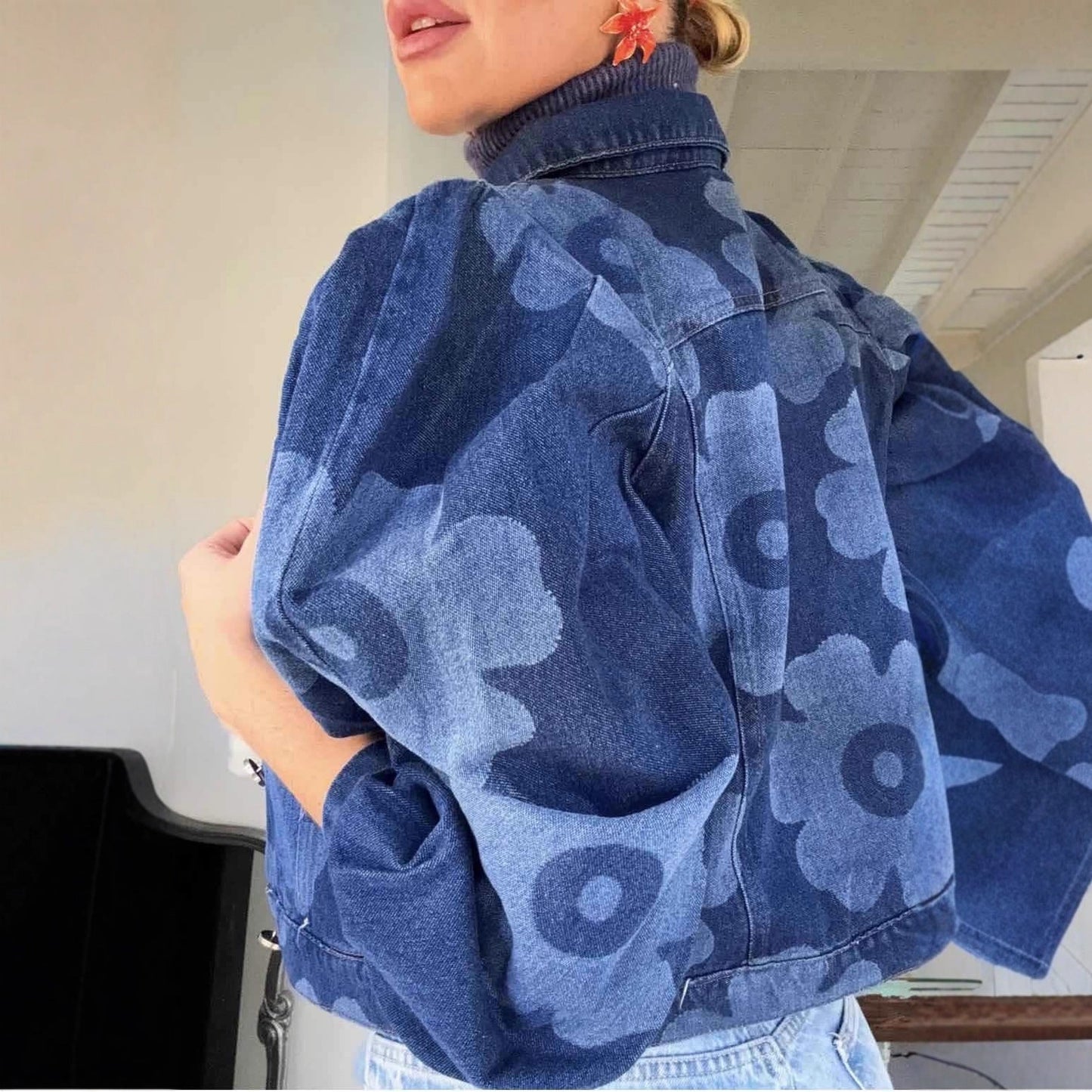 Short Collar Floral Denim Jacket