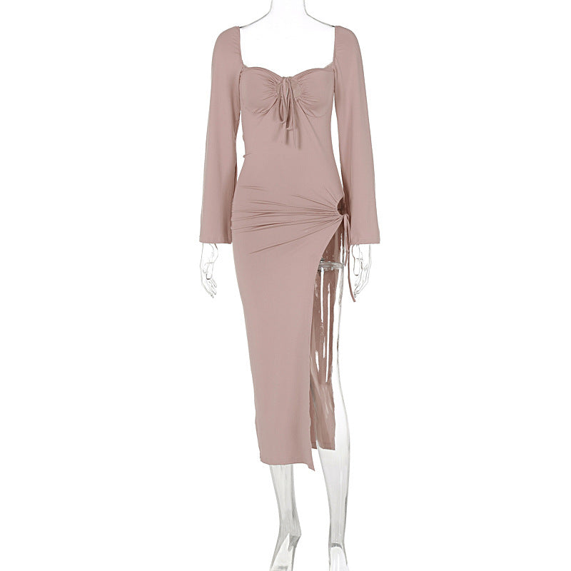 Sweetheart Keyhole Tie Long Sleeve Hip Cutout Slit Maxi Dress