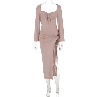 Sweetheart Keyhole Tie Long Sleeve Hip Cutout Slit Maxi Dress