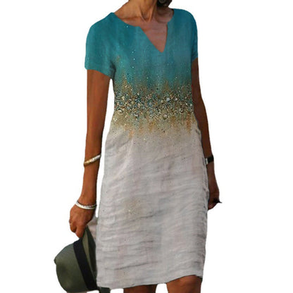 Watercolor Wildflower Print V-Neck Short Sleeve Shift Midi Dress