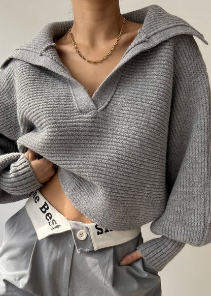 Minimalist Ribbed Collared Knit Sweater