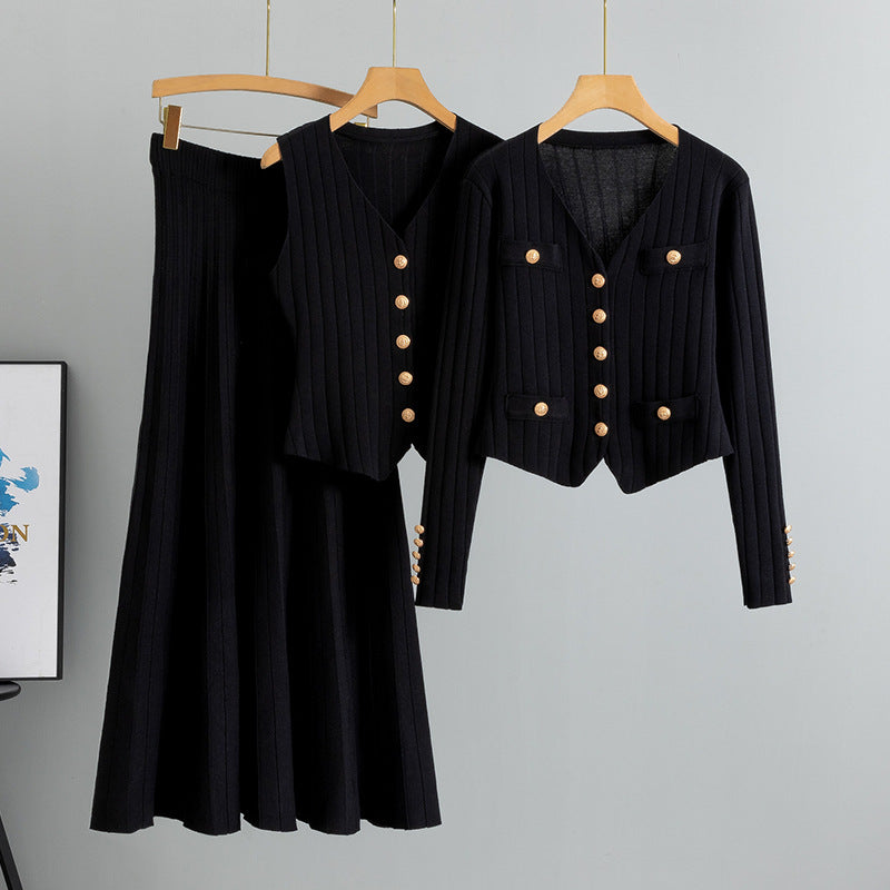 Black – Cardigan Vest Three Piece Set