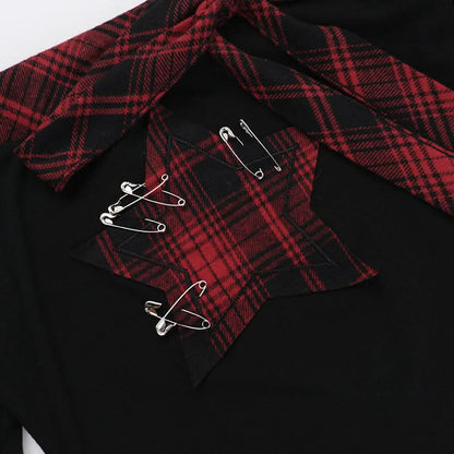 Off shoulder long sleeve plaid star pattern top