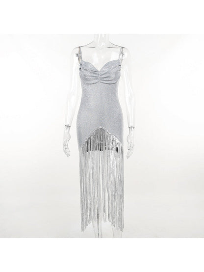 Glitter Tassel Hem V neck Brace Dress