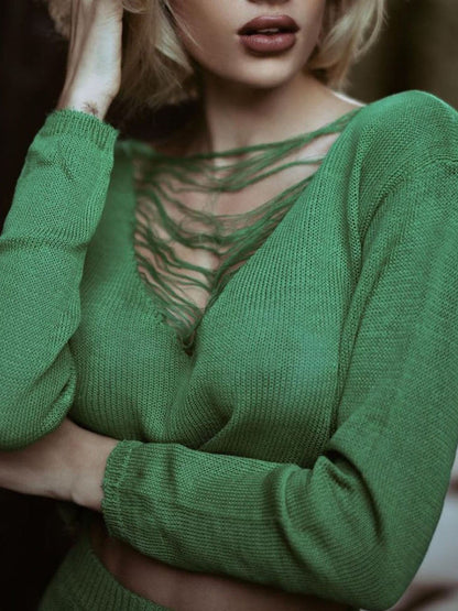 Sexy Slit Dress Tassel Hollow Out Cutout Sweater Coord Set